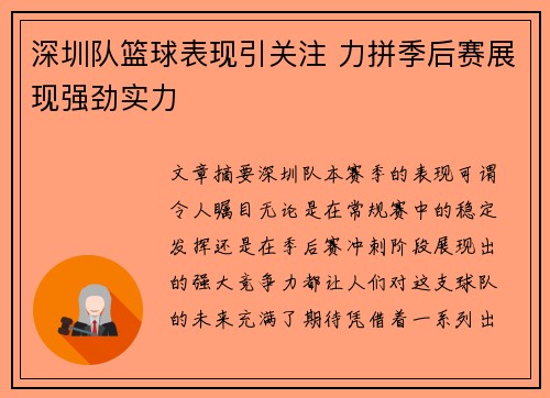 深圳队篮球表现引关注 力拼季后赛展现强劲实力