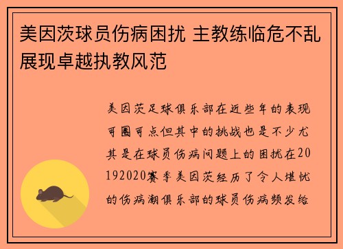 美因茨球员伤病困扰 主教练临危不乱展现卓越执教风范