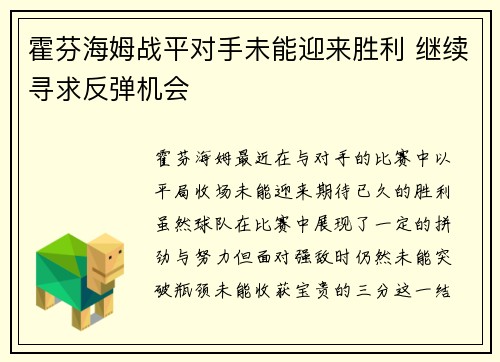 霍芬海姆战平对手未能迎来胜利 继续寻求反弹机会