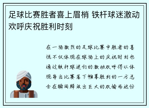 足球比赛胜者喜上眉梢 铁杆球迷激动欢呼庆祝胜利时刻