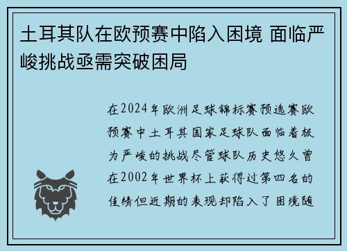 土耳其队在欧预赛中陷入困境 面临严峻挑战亟需突破困局