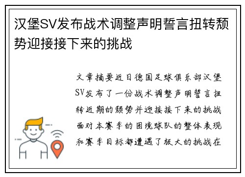 汉堡SV发布战术调整声明誓言扭转颓势迎接接下来的挑战