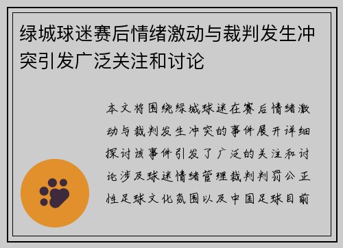 绿城球迷赛后情绪激动与裁判发生冲突引发广泛关注和讨论